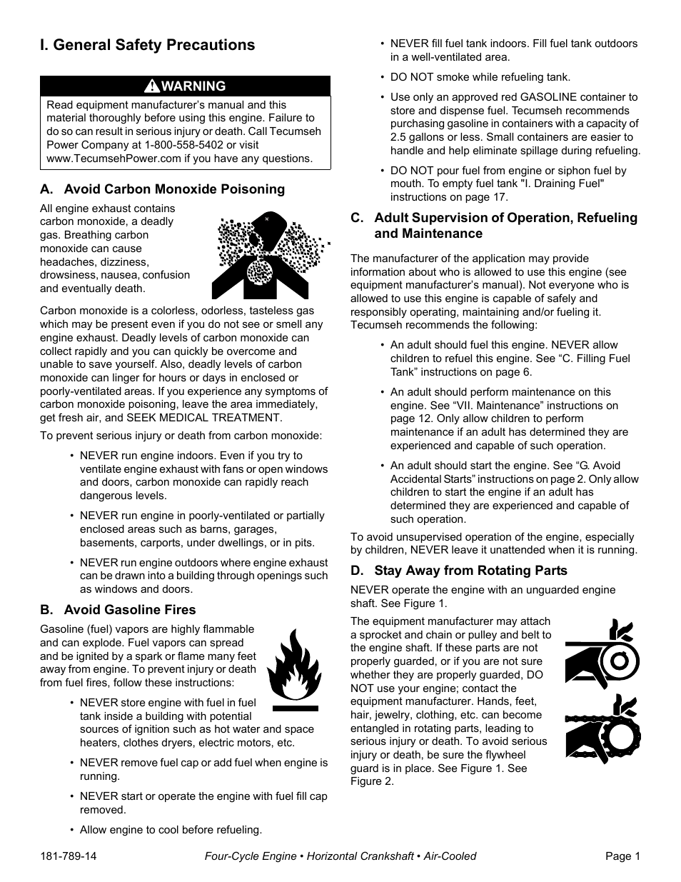 I. general safety precautions, A. avoid carbon monoxide poisoning, B. avoid gasoline fires | D. stay away from rotating parts | Tecumseh H30-40 User Manual | Page 3 / 24