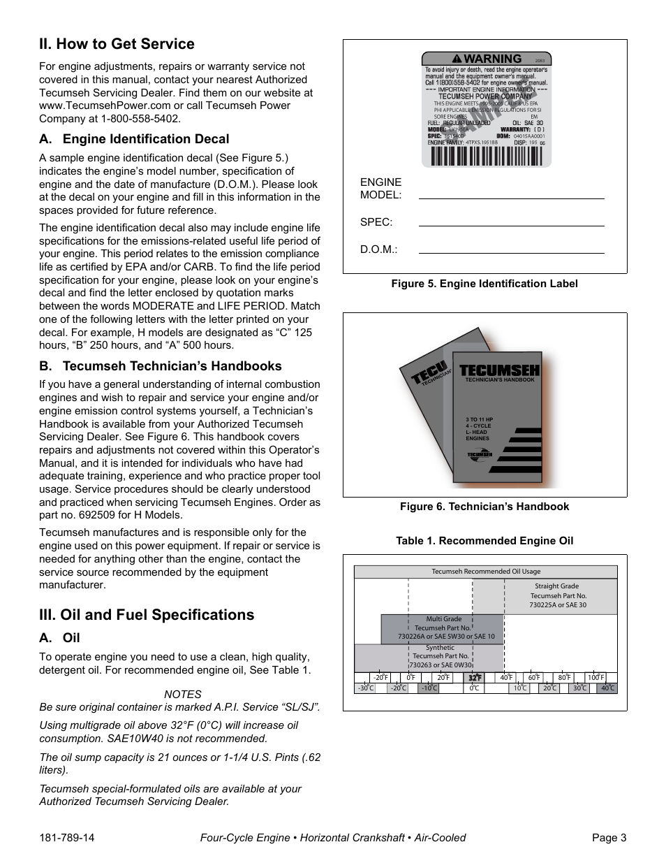 Ii. how to get service, A. engine identification decal, B. tecumseh technician’s handbooks | Iii. oil and fuel specifications, A. oil, Figure 5. engine identification label, Figure 6. technician’s handbook, Table 1. recommended engine oil, Engine model: spec: d.o.m | Tecumseh H30-40 User Manual | Page 5 / 24