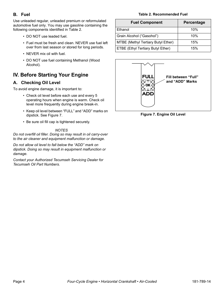 B. fuel, Iv. before starting your engine, A. checking oil level | Table 2. recommended fuel, Figure 7. engine oil level | Tecumseh H30-40 User Manual | Page 6 / 24