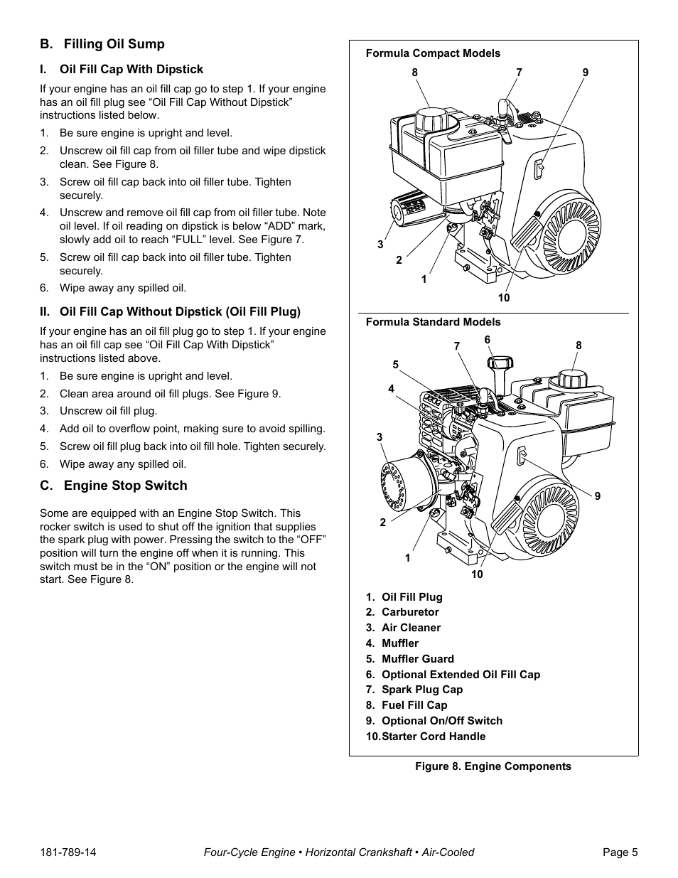 B. filling oil sump, I. oil fill cap with dipstick, Be sure engine is upright and level | Wipe away any spilled oil, Ii. oil fill cap without dipstick (oil fill plug), Clean area around oil fill plugs. see figure 9, Unscrew oil fill plug, C. engine stop switch, Oil fill plug, Carburetor | Tecumseh H30-40 User Manual | Page 7 / 24