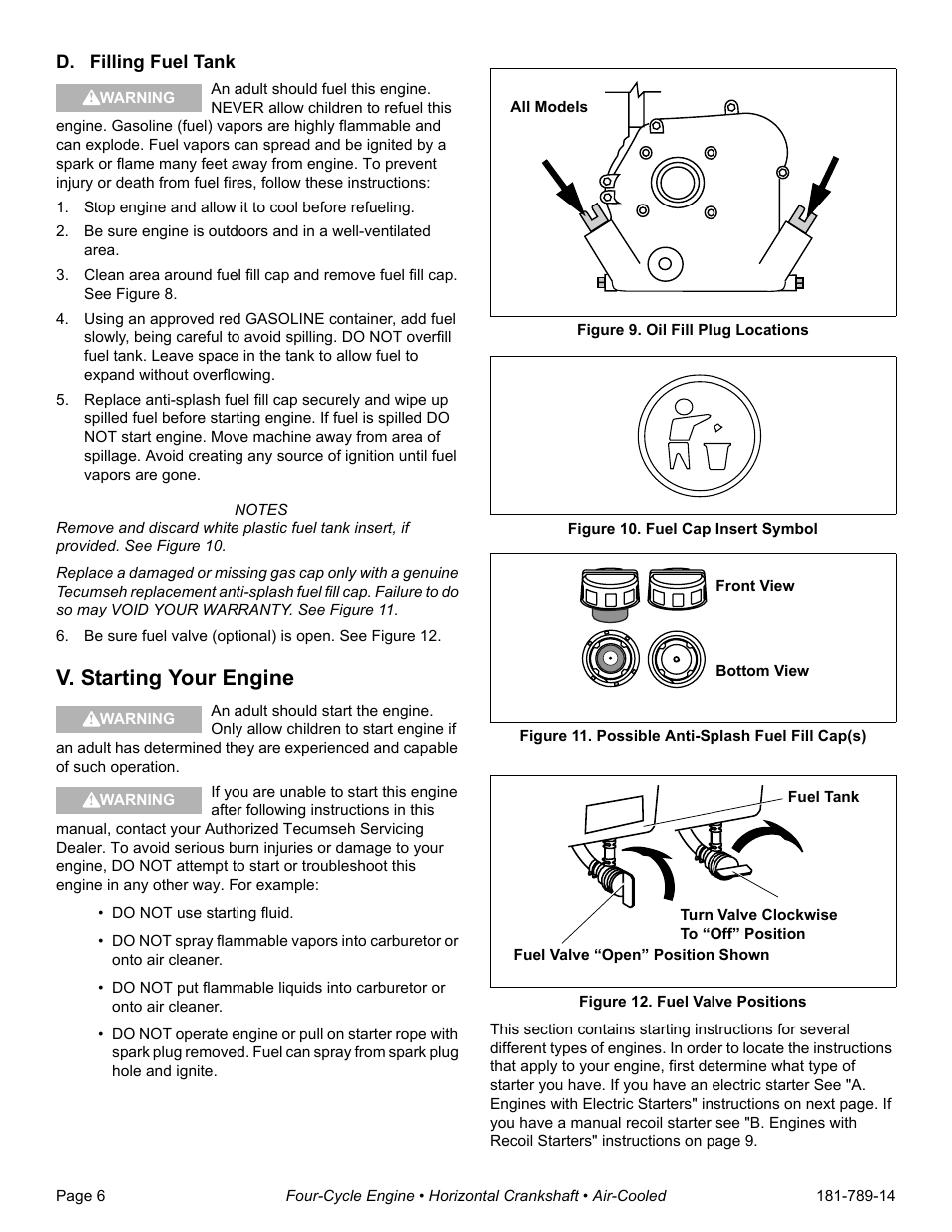 D. filling fuel tank, Stop engine and allow it to cool before refueling, V. starting your engine | Figure 9. oil fill plug locations, Figure 10. fuel cap insert symbol, Figure 11. possible anti-splash fuel fill cap(s), Figure 12. fuel valve positions | Tecumseh H30-40 User Manual | Page 8 / 24