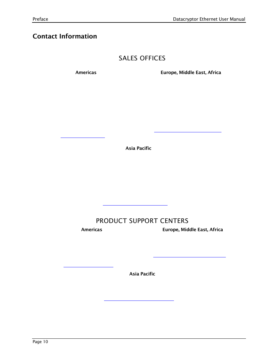 Contact information, Sales offices, Product support centers | THALES DATACRYPTOR User Manual | Page 10 / 134