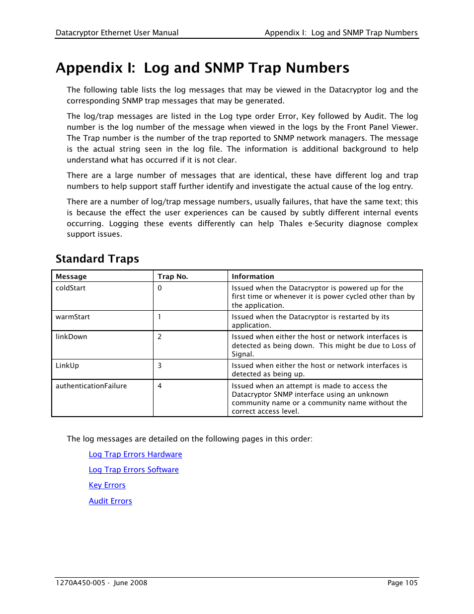 Appendix i: log and snmp trap numbers, Standard traps | THALES DATACRYPTOR User Manual | Page 105 / 134
