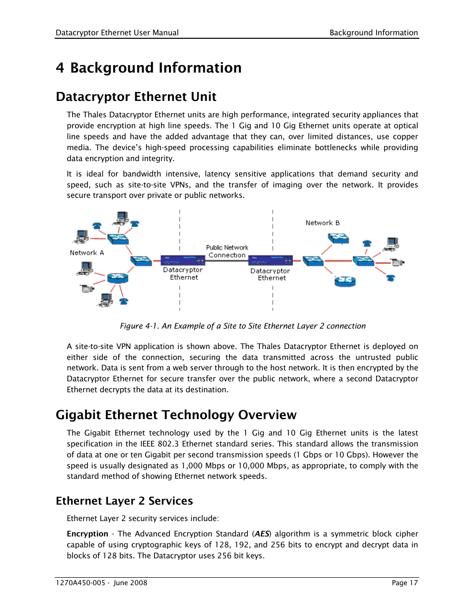 4 background information, Datacryptor ethernet unit, Gigabit ethernet technology overview | Ethernet layer 2 services, Background information | THALES DATACRYPTOR User Manual | Page 17 / 134