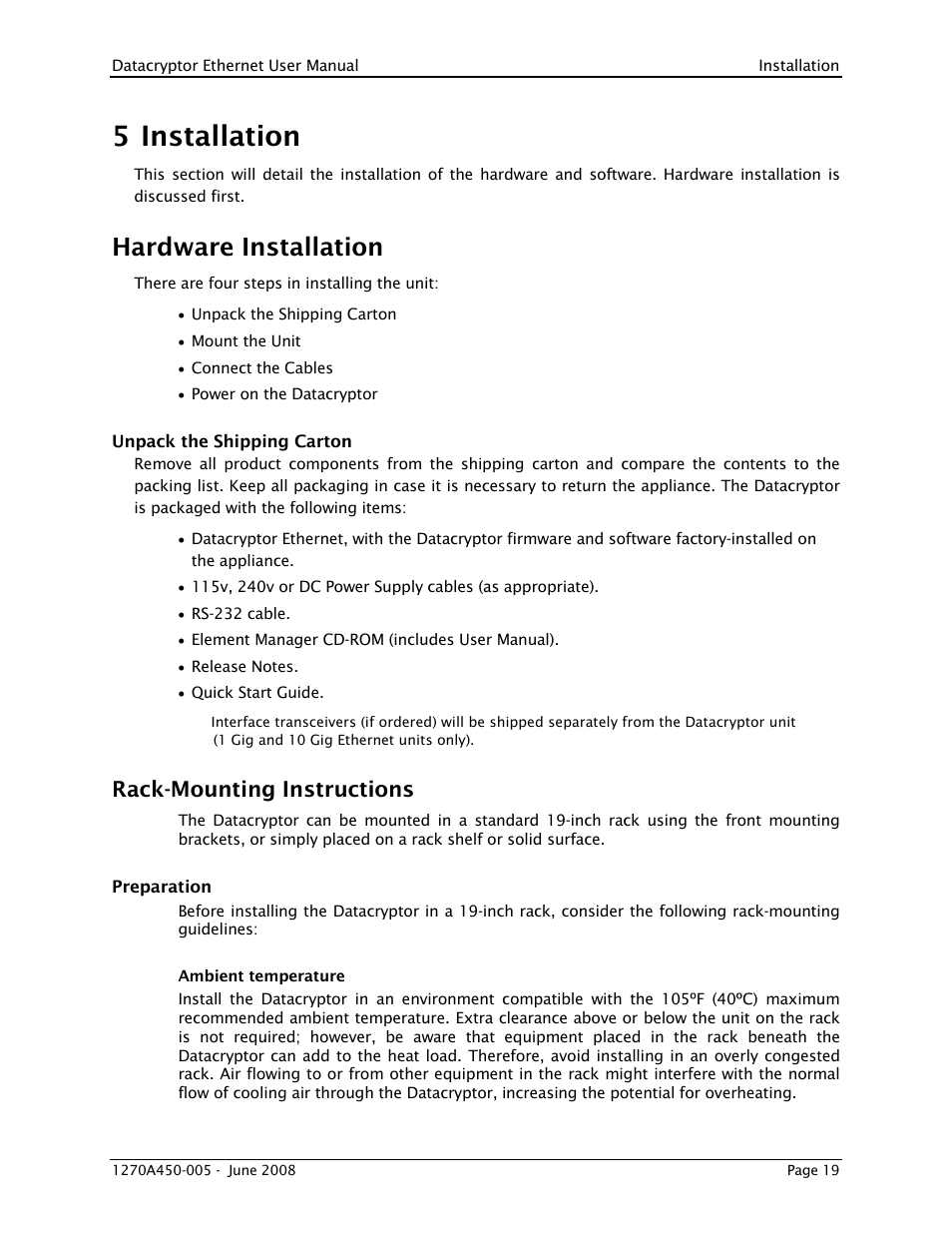 5 installation, Hardware installation, Rack-mounting instructions | Installation | THALES DATACRYPTOR User Manual | Page 19 / 134
