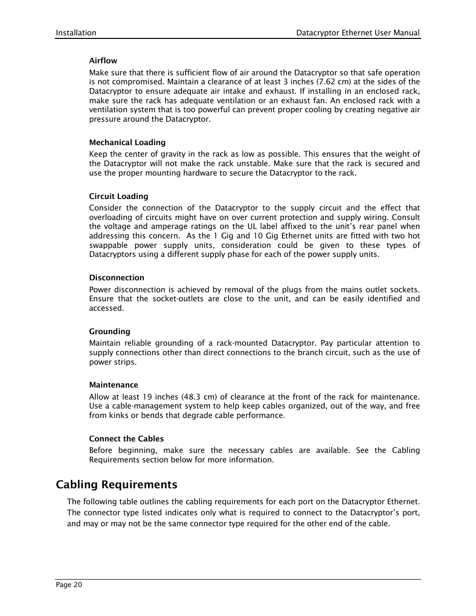 Cabling requirements | THALES DATACRYPTOR User Manual | Page 20 / 134
