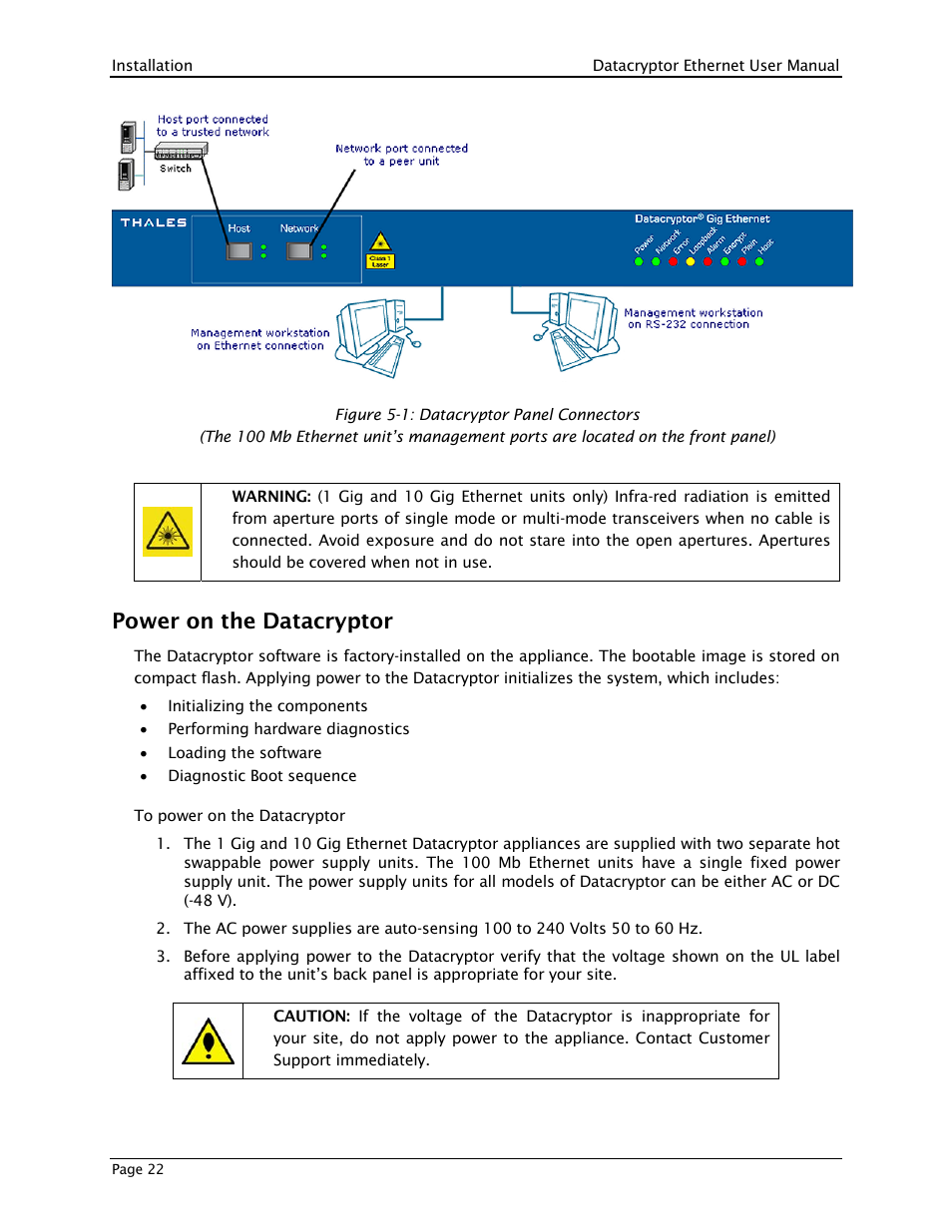 Power on the datacryptor | THALES DATACRYPTOR User Manual | Page 22 / 134