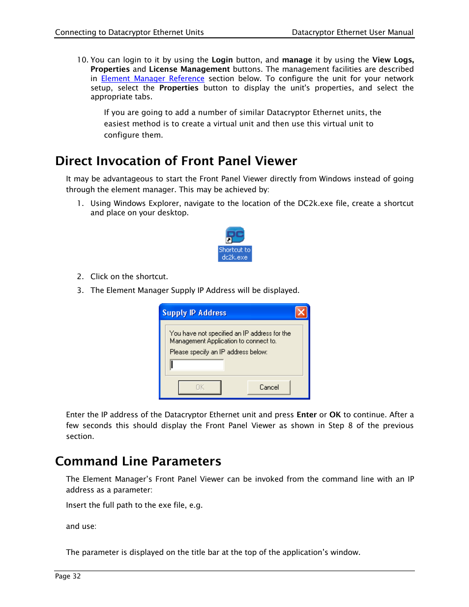 Direct invocation of front panel viewer, Command line parameters | THALES DATACRYPTOR User Manual | Page 32 / 134