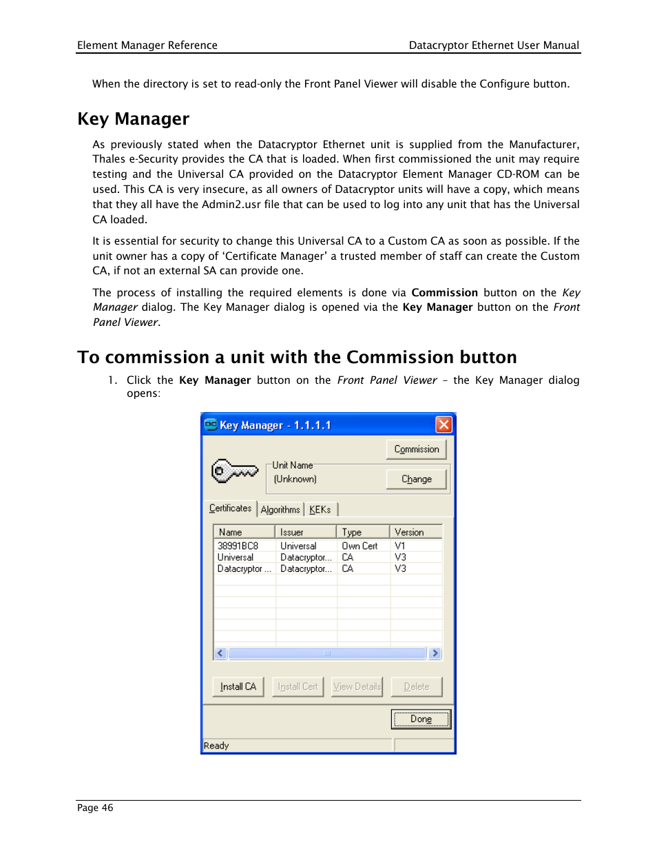 Key manager, To commission a unit with the commission button | THALES DATACRYPTOR User Manual | Page 46 / 134