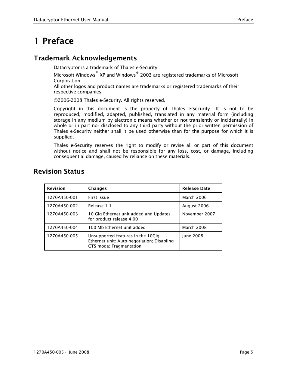 1 preface, Trademark acknowledgements, Revision status | Preface | THALES DATACRYPTOR User Manual | Page 5 / 134