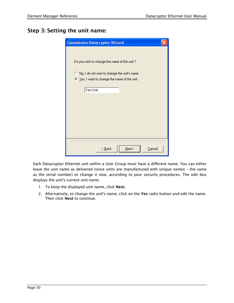 Step 3: setting the unit name | THALES DATACRYPTOR User Manual | Page 50 / 134