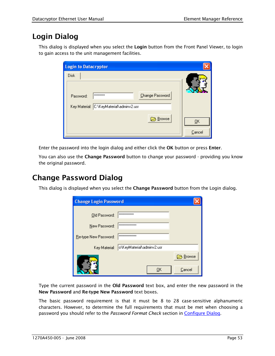 Login dialog, Change password dialog, Login | THALES DATACRYPTOR User Manual | Page 53 / 134