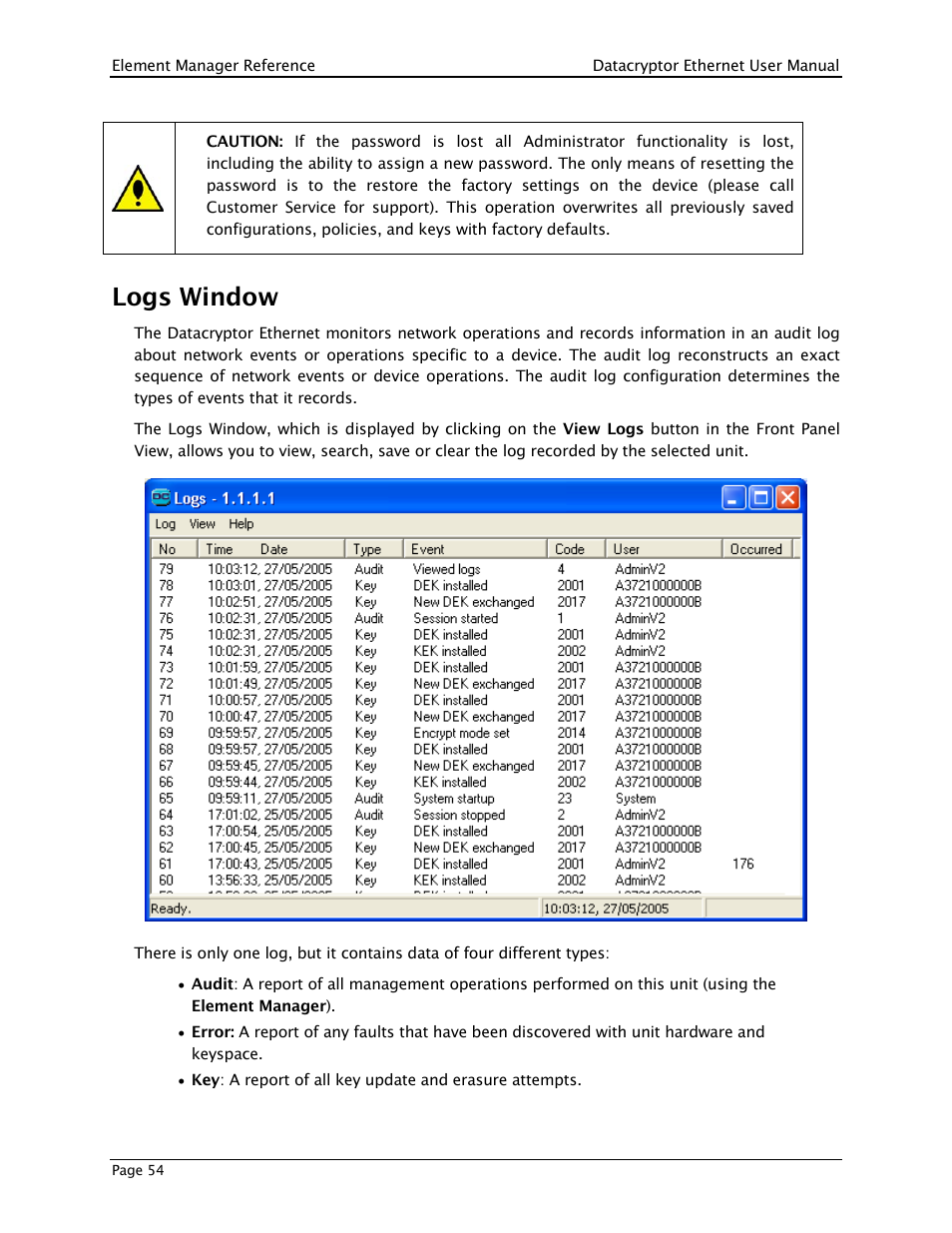 Logs window, View logs | THALES DATACRYPTOR User Manual | Page 54 / 134