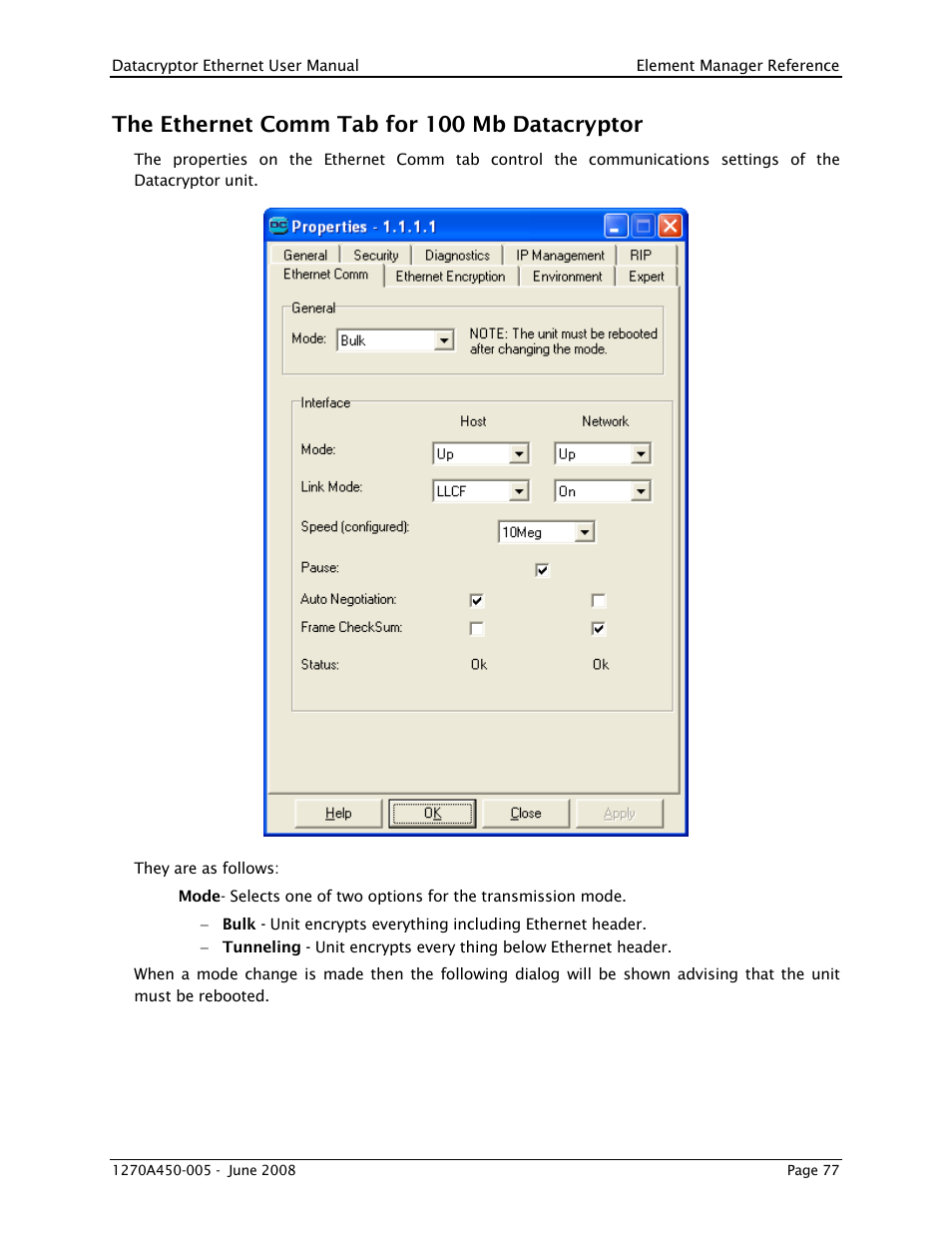 The ethernet comm tab for 100 mb datacryptor | THALES DATACRYPTOR User Manual | Page 77 / 134