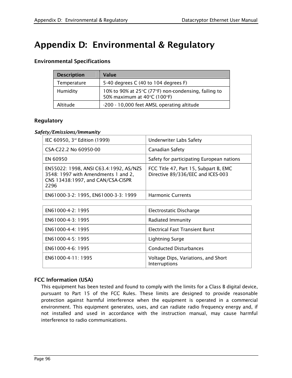 Appendix d: environmental & regulatory, Appendix d: environment and regulatory information | THALES DATACRYPTOR User Manual | Page 96 / 134