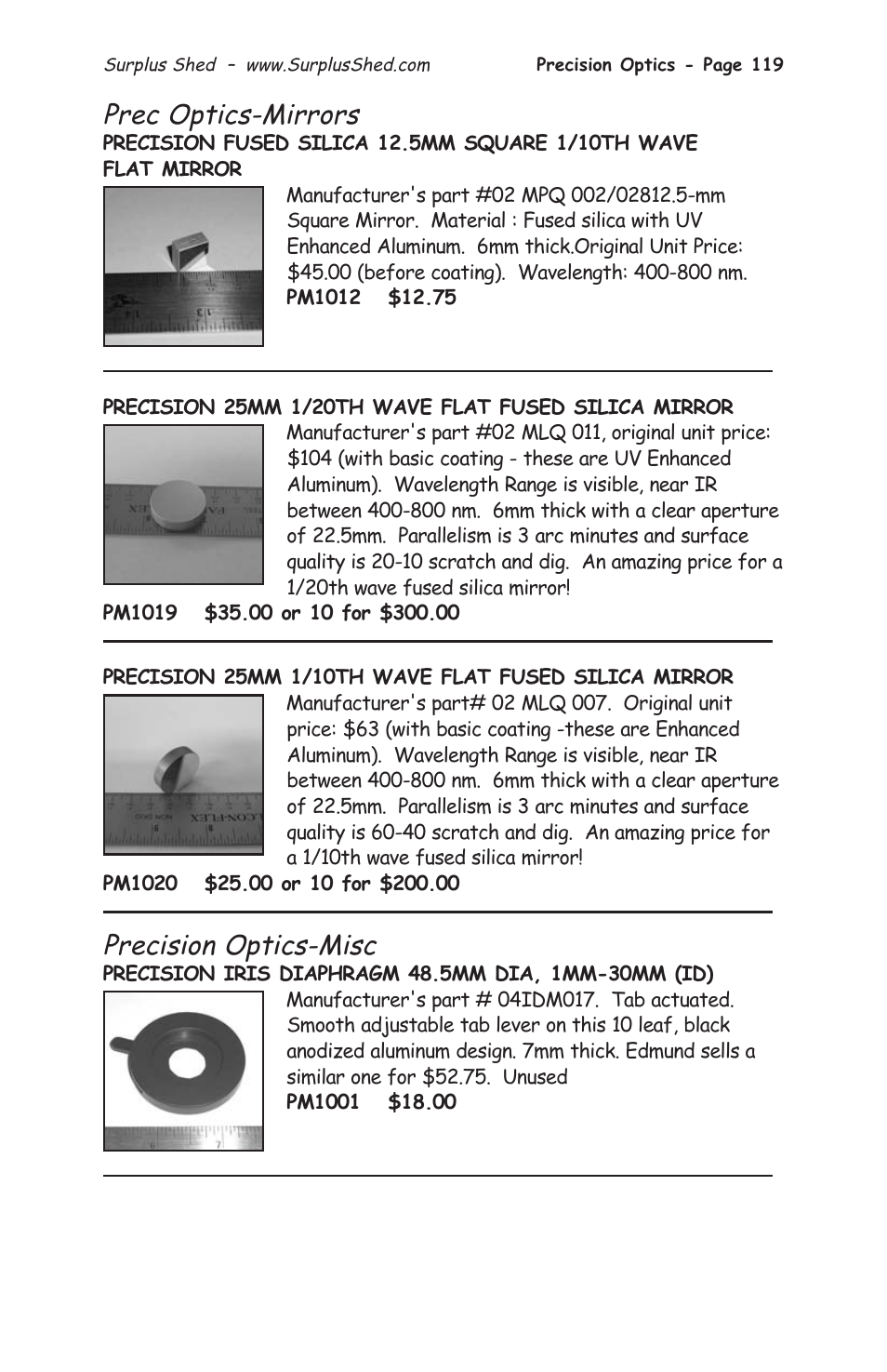 Prec optics-mirrors, Precision optics-misc | Tasco 1575 User Manual | Page 121 / 144