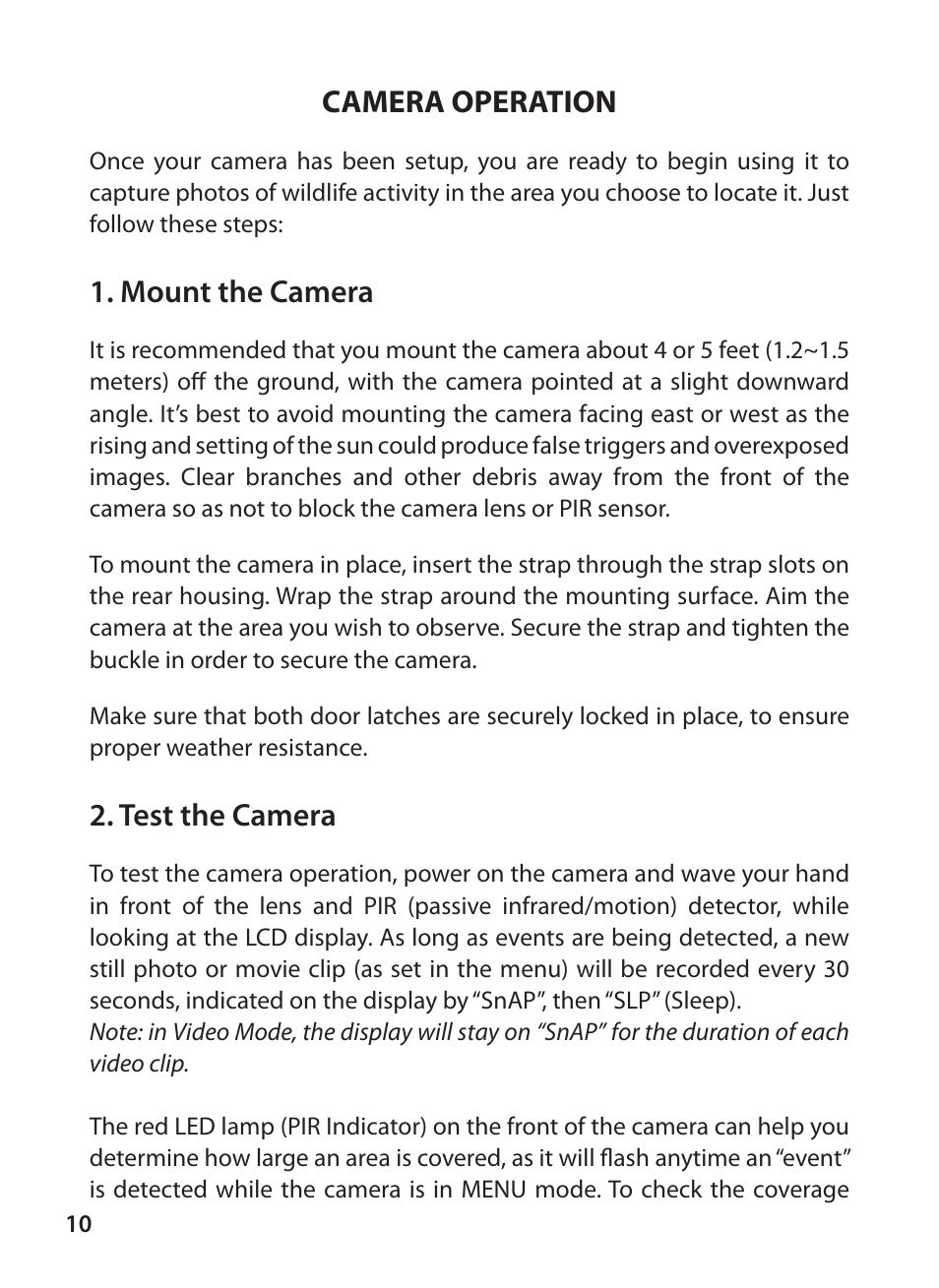Camera operation, Mount the camera, Test the camera | Tasco Digital Trail Camera 119223C User Manual | Page 10 / 20