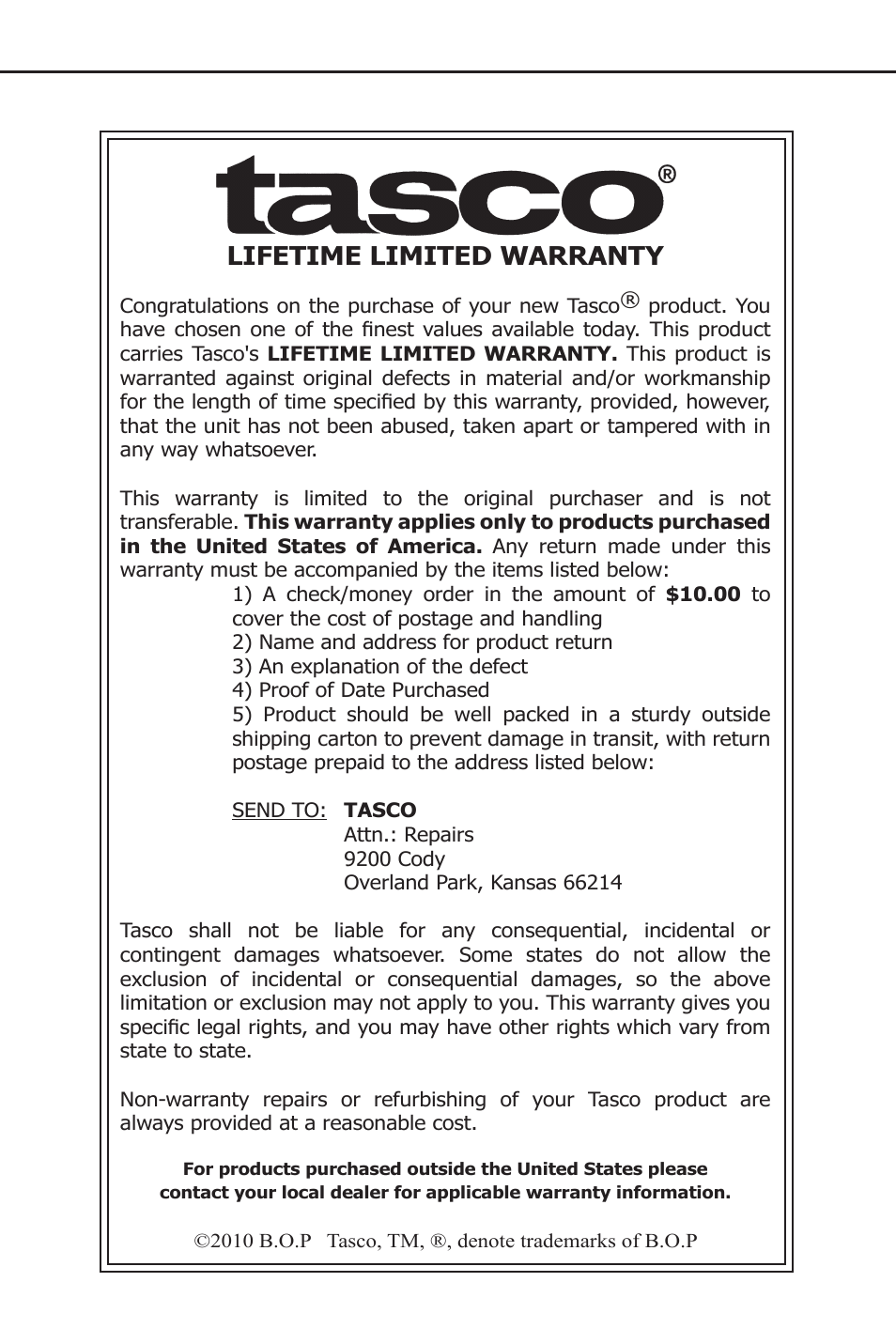 Lifetime limited warranty | Tasco WC712060 User Manual | Page 6 / 8