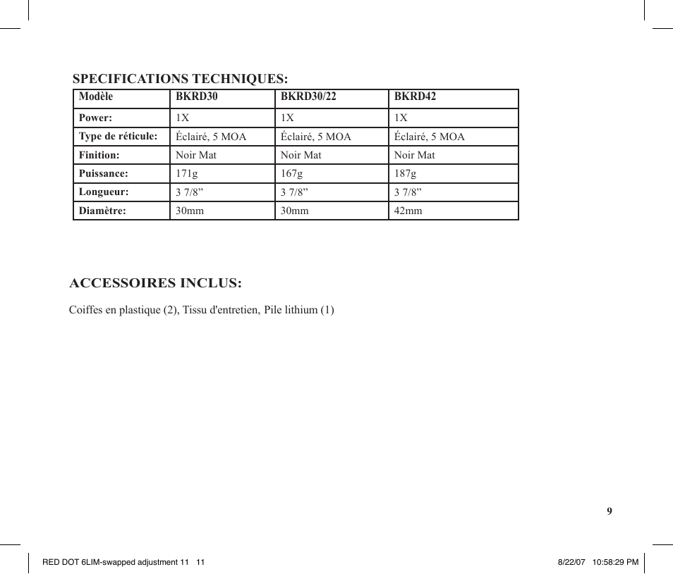 Specifications techniques, Accessoires inclus | Tasco REDDOT Scope User Manual | Page 11 / 28