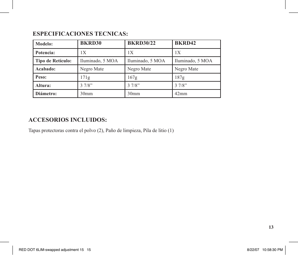 Especificaciones tecnicas, Accesorios incluidos | Tasco REDDOT Scope User Manual | Page 15 / 28