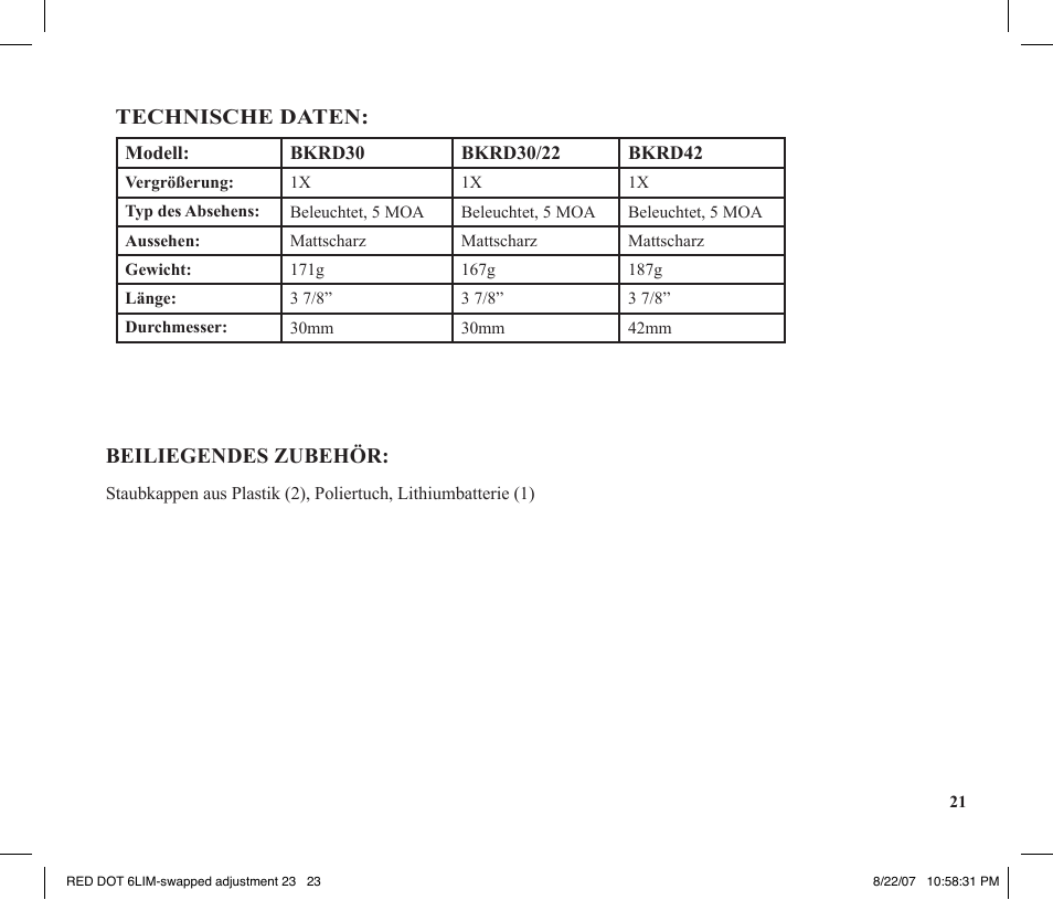 Technische daten, Beiliegendes zubehör | Tasco REDDOT Scope User Manual | Page 23 / 28