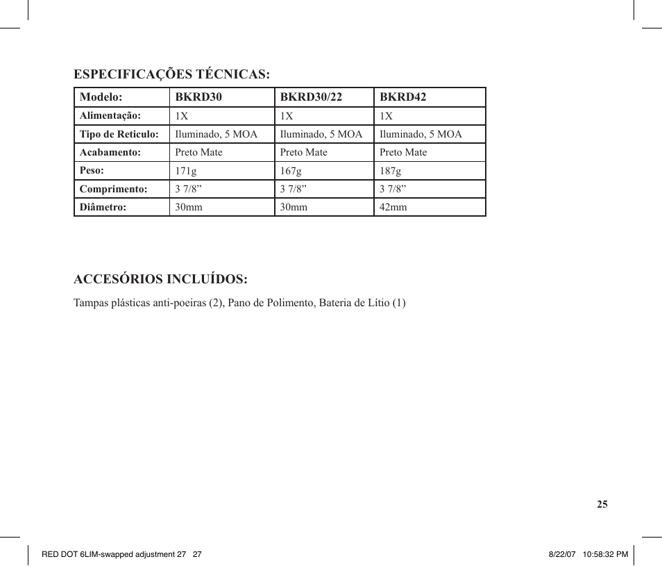 Especificações técnicas, Accesórios incluídos | Tasco REDDOT Scope User Manual | Page 27 / 28