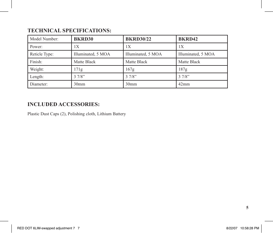 Included accessories, Technical specifications | Tasco REDDOT Scope User Manual | Page 7 / 28