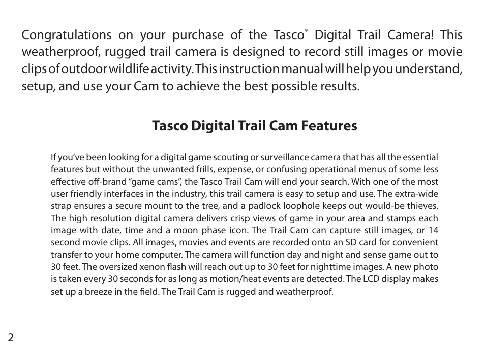Tasco digital trail cam features | Tasco Digital Trail Camera  119203C User Manual | Page 2 / 12