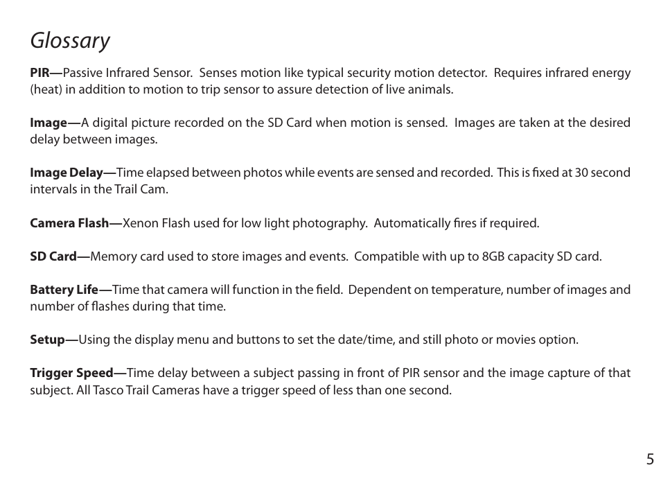 Glossary | Tasco Digital Trail Camera  119203C User Manual | Page 5 / 12