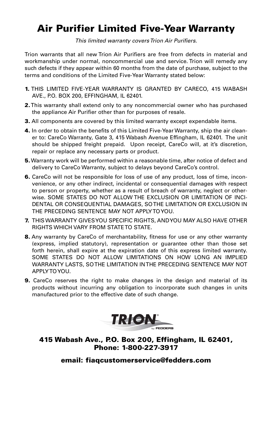 Air purifier limited five-year warranty | Trion High Efficiency Console Electronic Air Purifier User Manual | Page 10 / 32