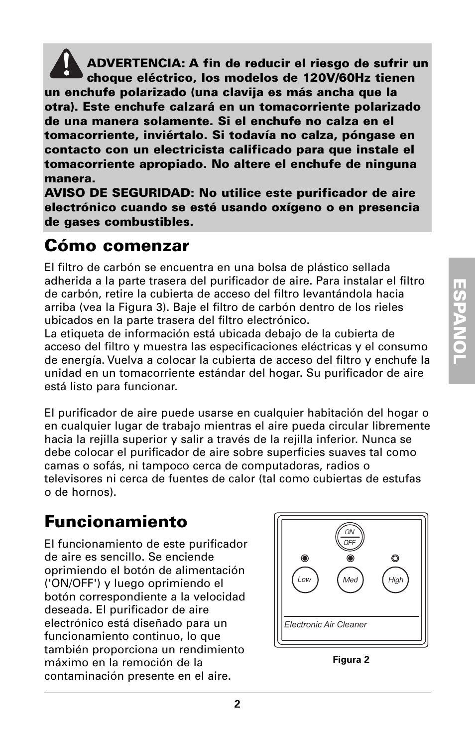 Cómo comenzar, Funcionamiento, Esp anol | Trion High Efficiency Console Electronic Air Purifier User Manual | Page 14 / 32