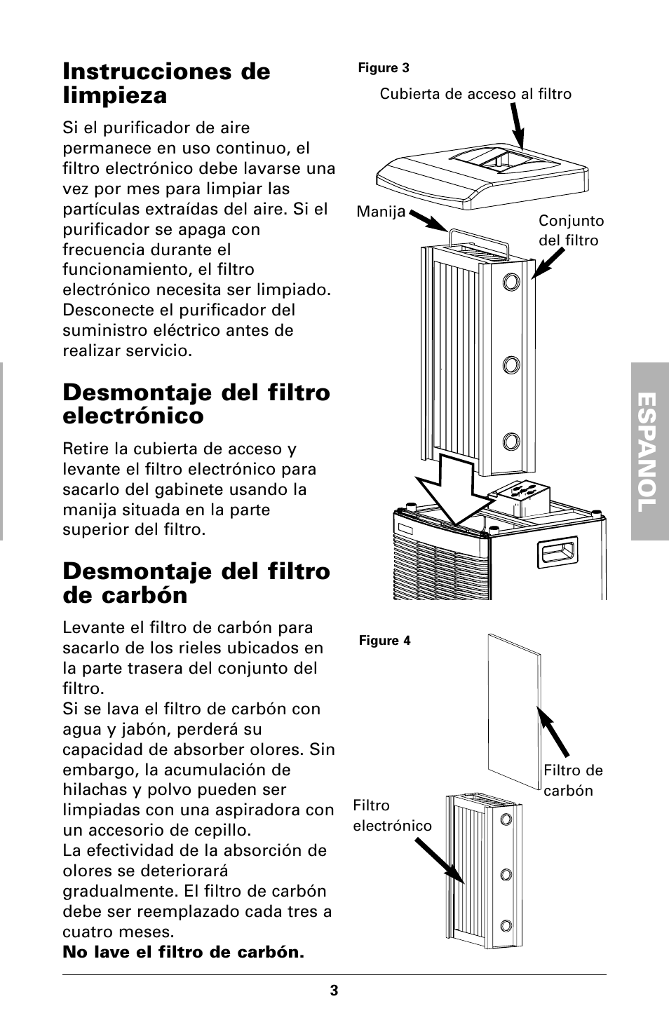 Esp anol, Instrucciones de limpieza, Desmontaje del filtro electrónico | Desmontaje del filtro de carbón | Trion High Efficiency Console Electronic Air Purifier User Manual | Page 15 / 32