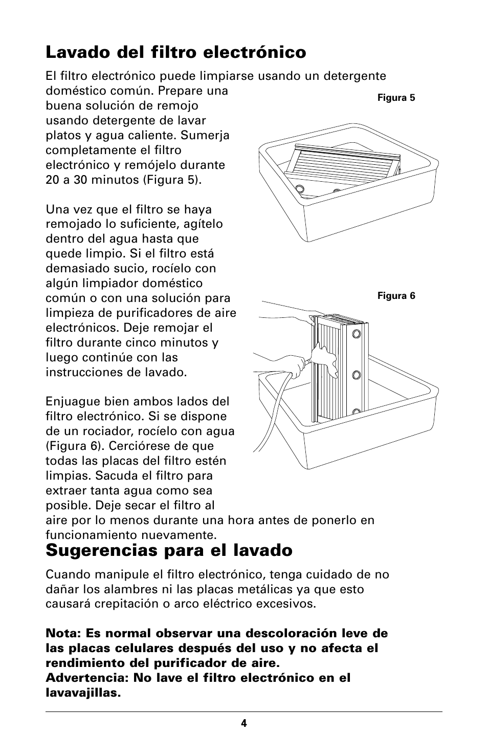 Lavado del filtro electrónico, Sugerencias para el lavado | Trion High Efficiency Console Electronic Air Purifier User Manual | Page 16 / 32