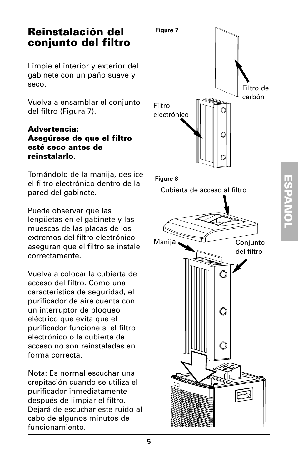 Esp anol reinstalación del conjunto del filtro | Trion High Efficiency Console Electronic Air Purifier User Manual | Page 17 / 32