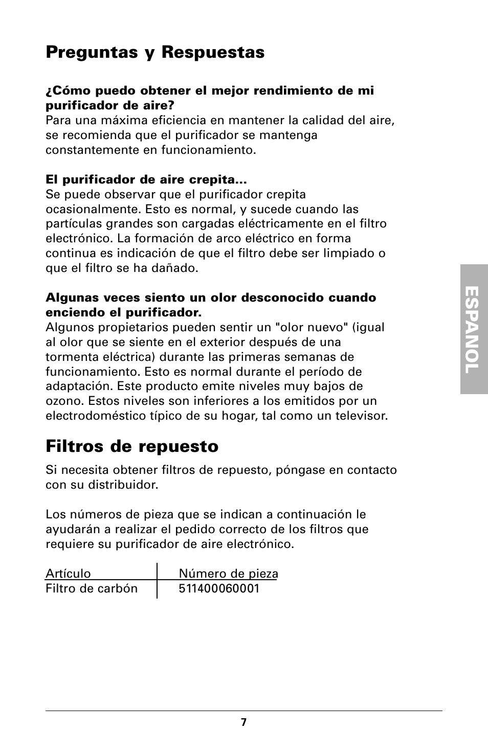 Esp anol, Preguntas y respuestas, Filtros de repuesto | Trion High Efficiency Console Electronic Air Purifier User Manual | Page 19 / 32