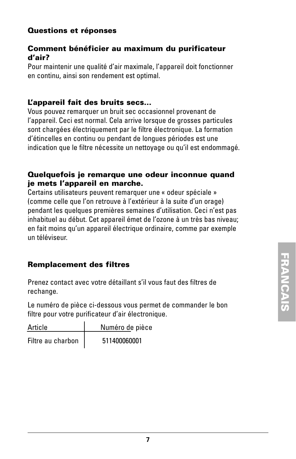 Franc ais | Trion High Efficiency Console Electronic Air Purifier User Manual | Page 29 / 32