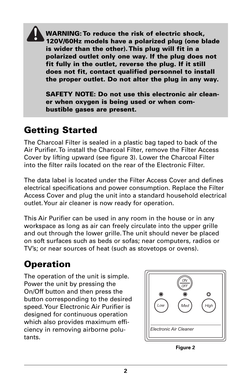 Getting started, Operation | Trion High Efficiency Console Electronic Air Purifier User Manual | Page 4 / 32