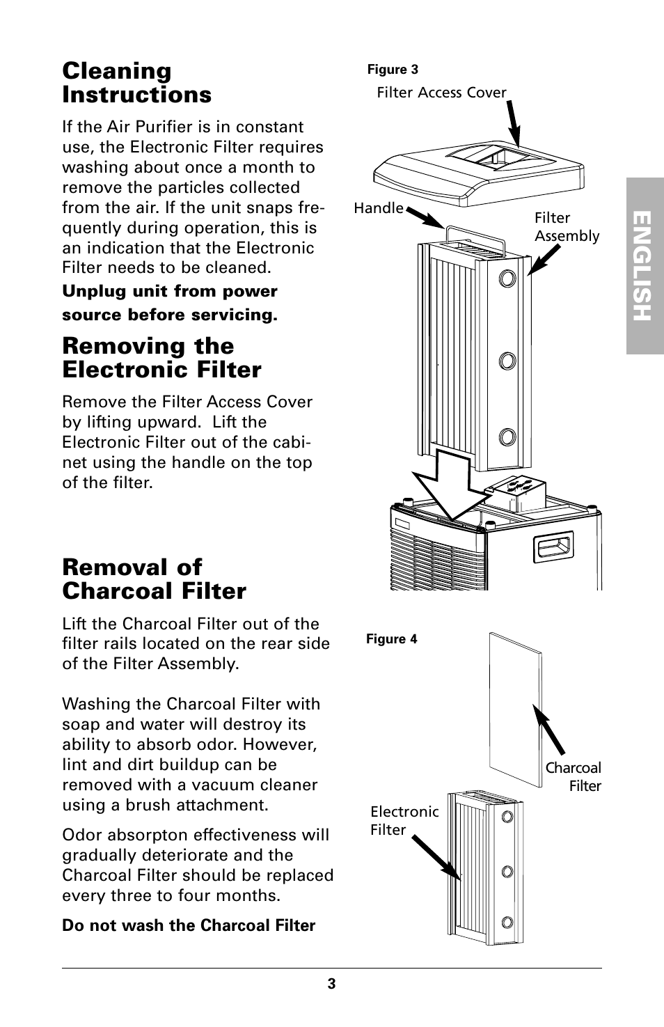 English, Cleaning instructions, Removing the electronic filter | Removal of charcoal filter | Trion High Efficiency Console Electronic Air Purifier User Manual | Page 5 / 32