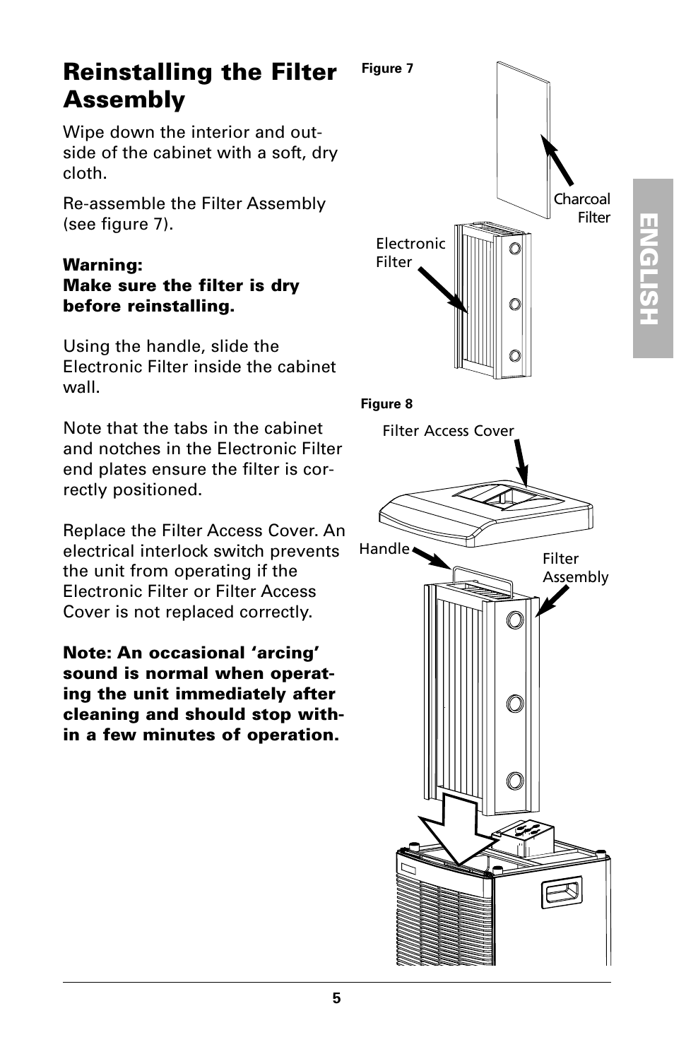 Reinstalling the filter assembly, English | Trion High Efficiency Console Electronic Air Purifier User Manual | Page 7 / 32