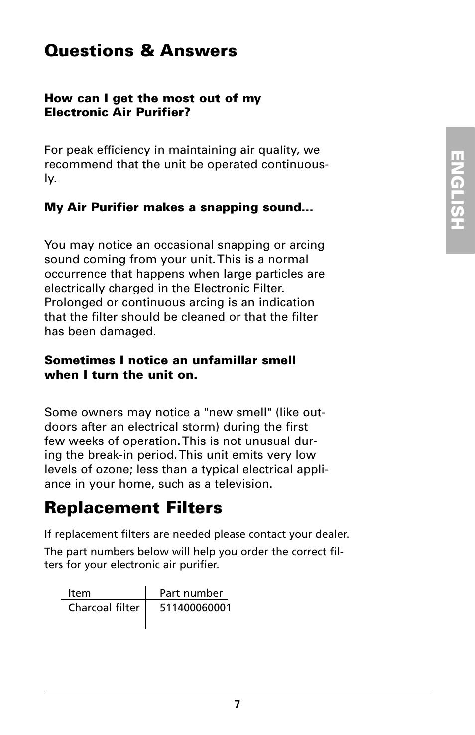 Questions & answers, Replacement filters, English | Trion High Efficiency Console Electronic Air Purifier User Manual | Page 9 / 32