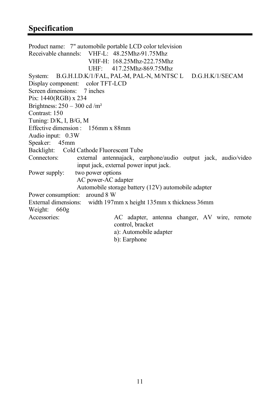 Specification | Hyundai H-LCD701 User Manual | Page 11 / 22