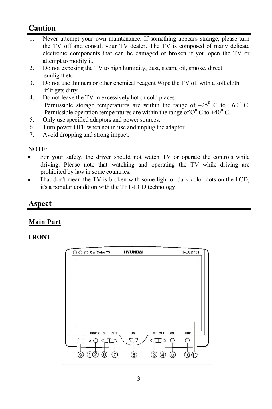 Caution, Aspect, Main part | Hyundai H-LCD701 User Manual | Page 3 / 22