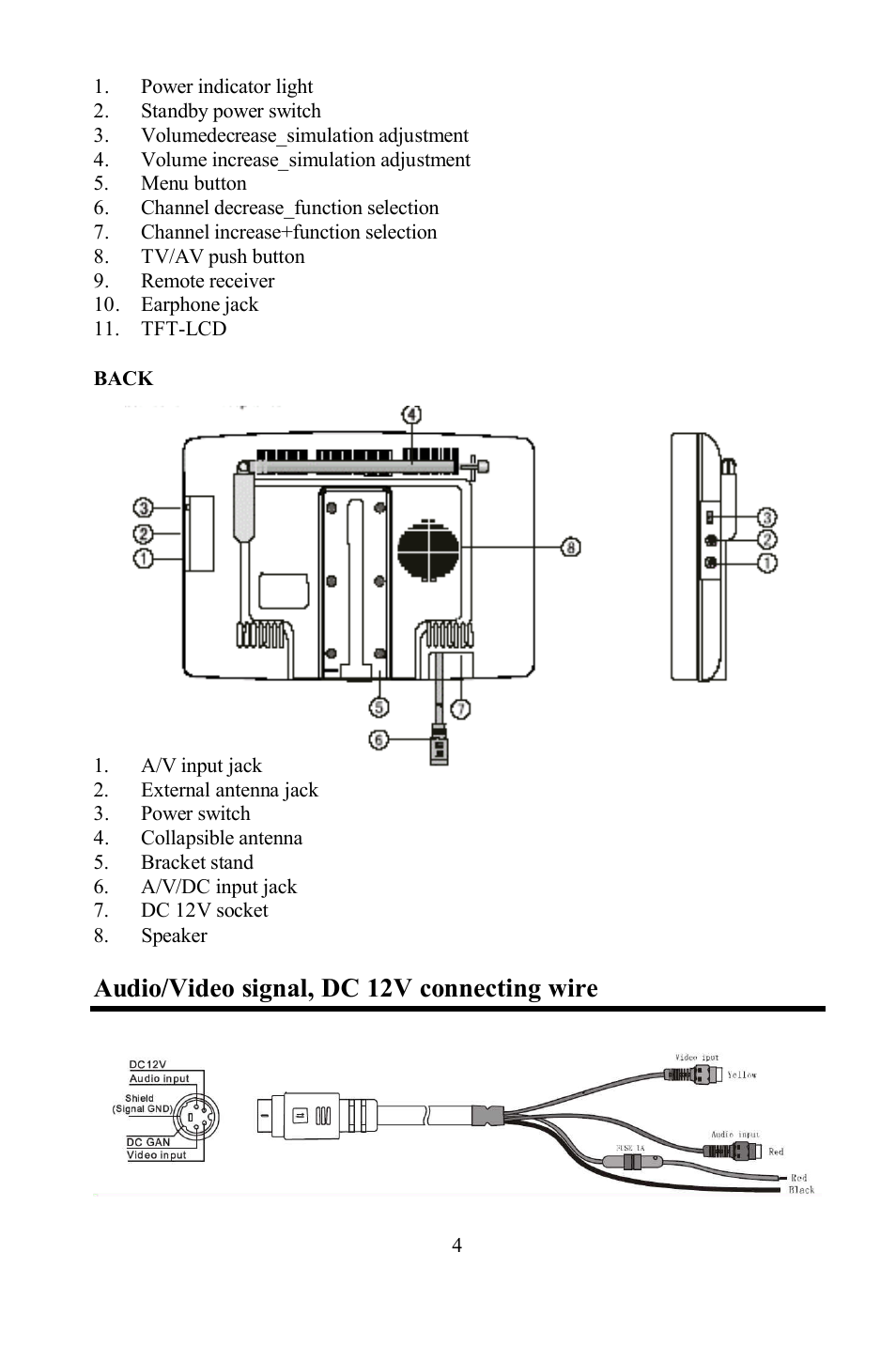 Audio/video signal, dc 12v connecting wire | Hyundai H-LCD701 User Manual | Page 4 / 22