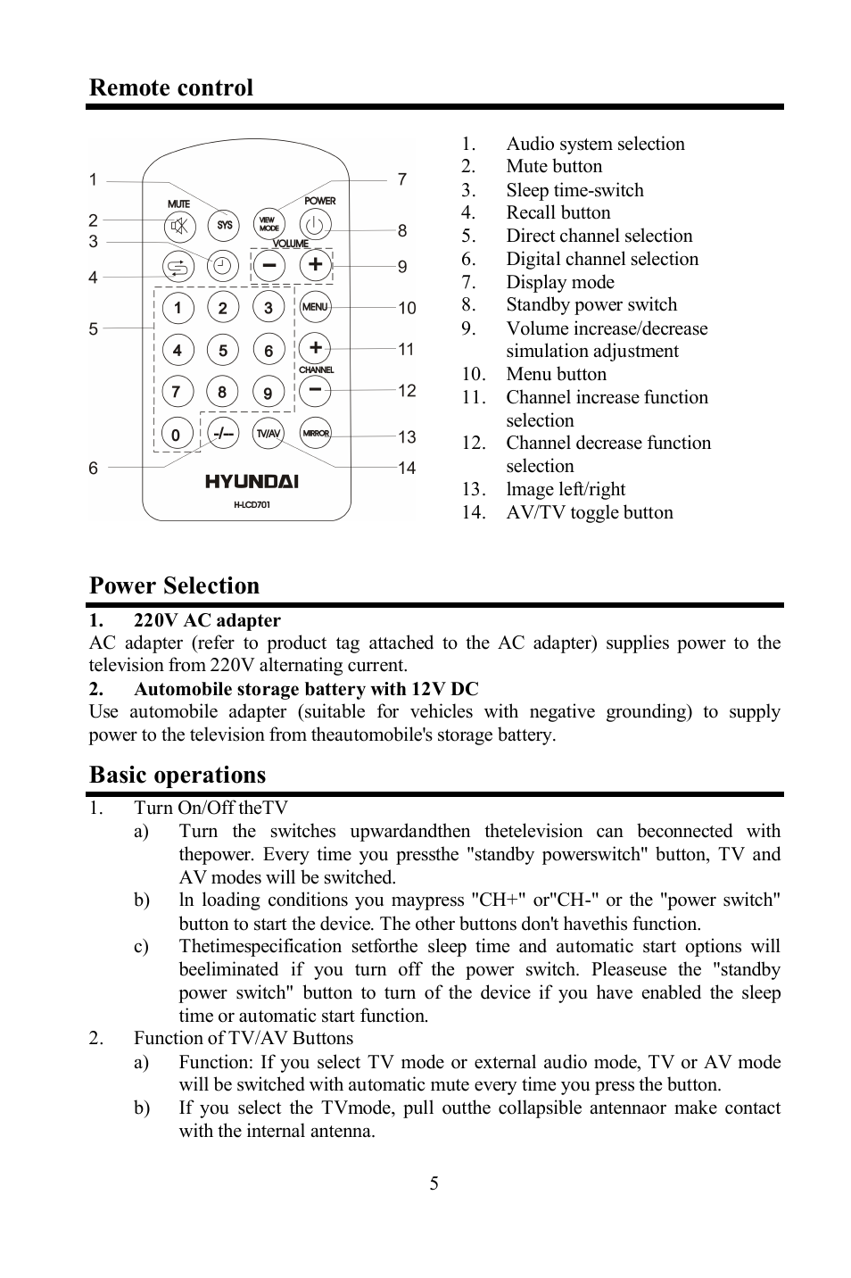 Remote control, Power selection, Basic operations | Hyundai H-LCD701 User Manual | Page 5 / 22