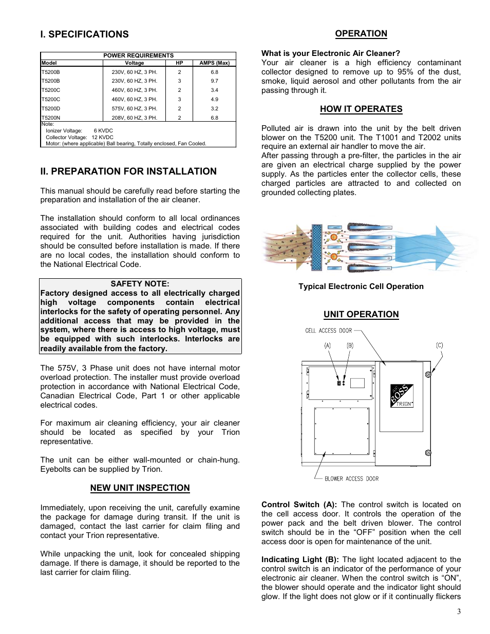 I. specifications ii. preparation for installation, New unit inspection, Operation | How it operates, Unit operation | Trion T5200 User Manual | Page 3 / 15