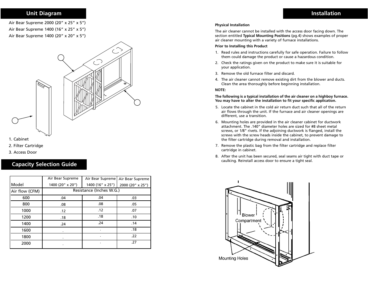Installation 7, Unit diagram capacity selection guide 2 | Trion Supreme Series User Manual | Page 4 / 6