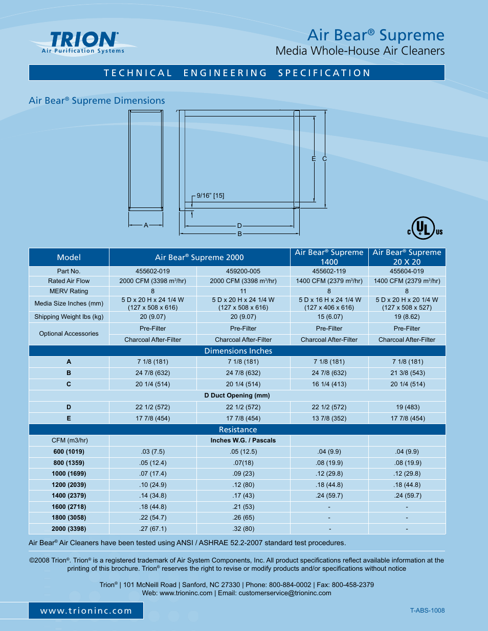 Air bear, Supreme, Media whole-house air cleaners | Supreme dimensions | Trion T-ABS-1008 User Manual | Page 2 / 2