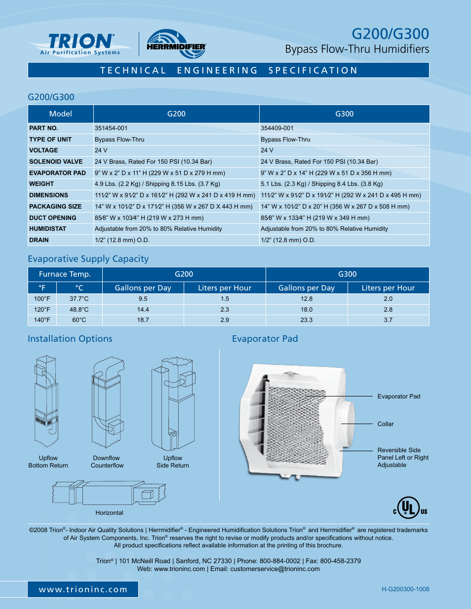 Bypass flow-thru humidifiers, Evaporator pad, Installation options evaporative supply capacity | Trion G200 User Manual | Page 2 / 2