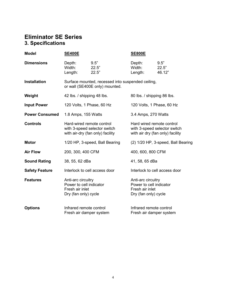 Eliminator se series, Specifications | Trion ELIMINATOR SE400E User Manual | Page 4 / 12