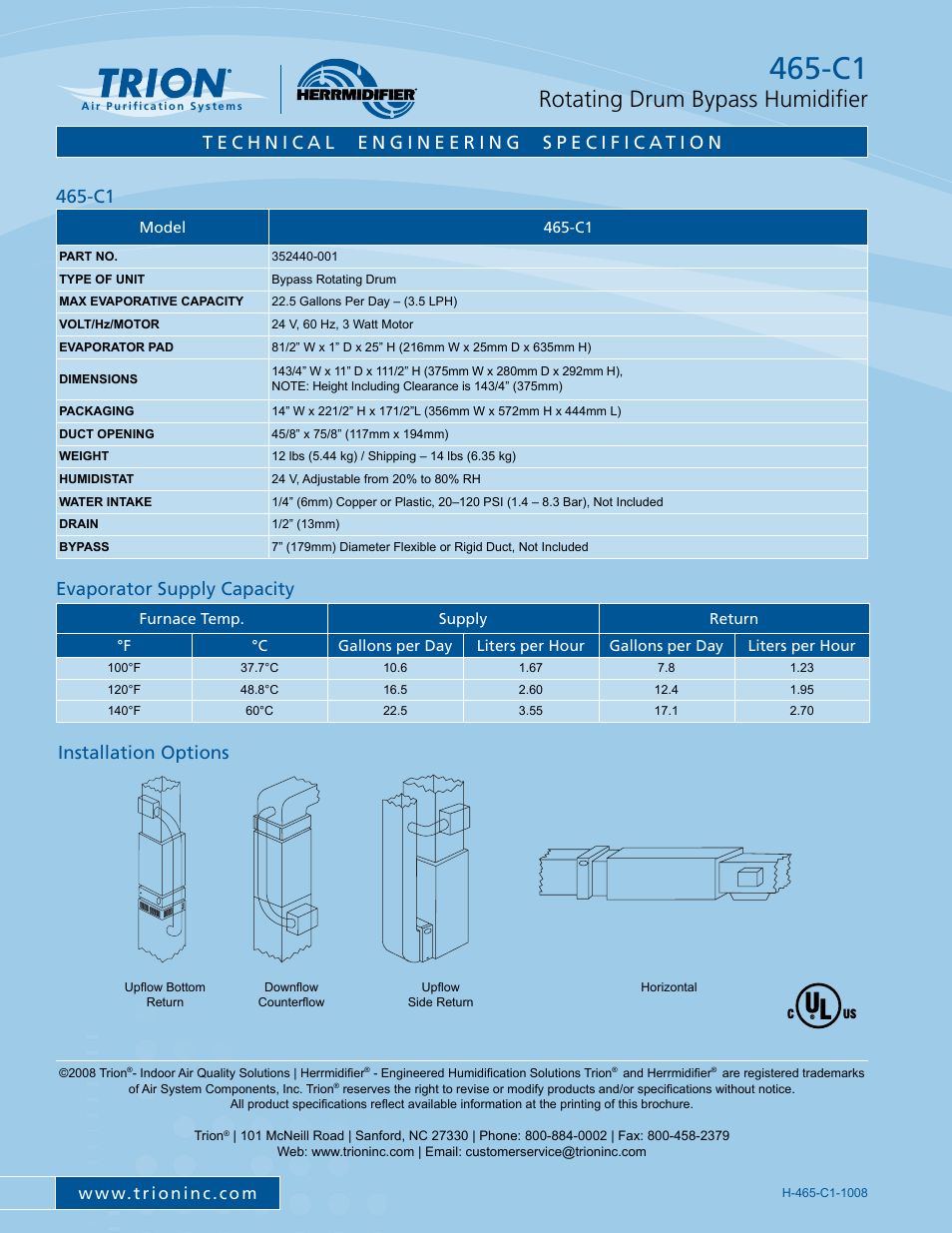 Rotating drum bypass humidifier, Evaporator supply capacity, C1 installation options | Trion 465-C1 User Manual | Page 2 / 2